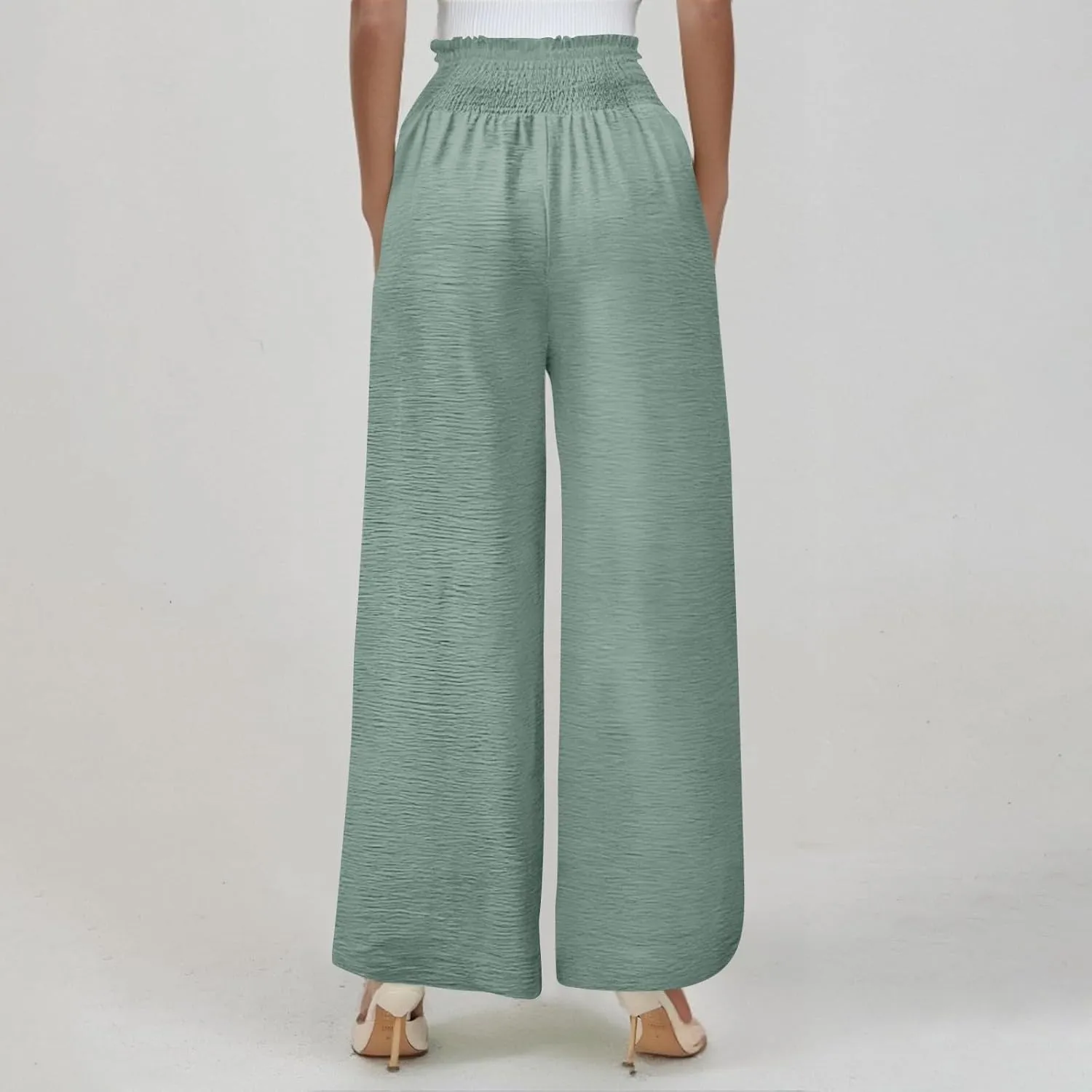 Cotton Linen Pants Women Smocked High Waisted Split Wide Leg Pants Summer Flowy Vacation Beach Pant with Pockets 2025