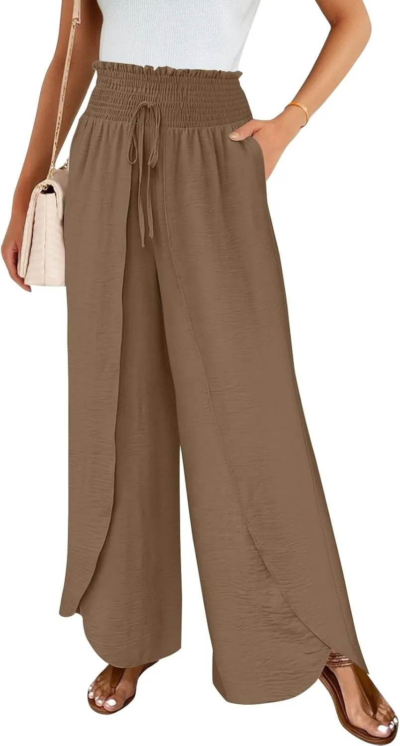 Cotton Linen Pants Women Smocked High Waisted Split Wide Leg Pants Summer Flowy Vacation Beach Pant with Pockets 2025