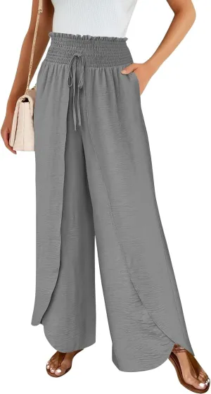 Cotton Linen Pants Women Smocked High Waisted Split Wide Leg Pants Summer Flowy Vacation Beach Pant with Pockets 2025