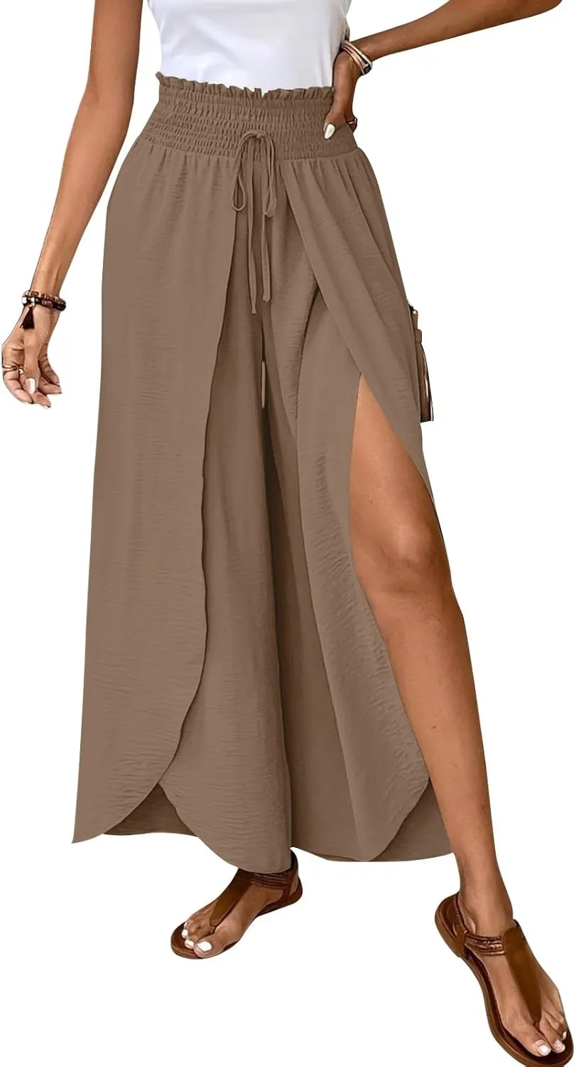Cotton Linen Pants Women Smocked High Waisted Split Wide Leg Pants Summer Flowy Vacation Beach Pant with Pockets 2025