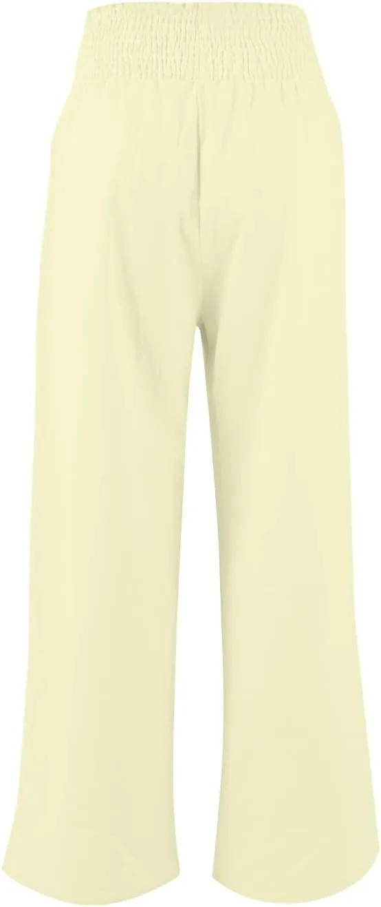 Cotton Linen Pants Women Smocked High Waisted Split Wide Leg Pants Summer Flowy Vacation Beach Pant with Pockets 2025