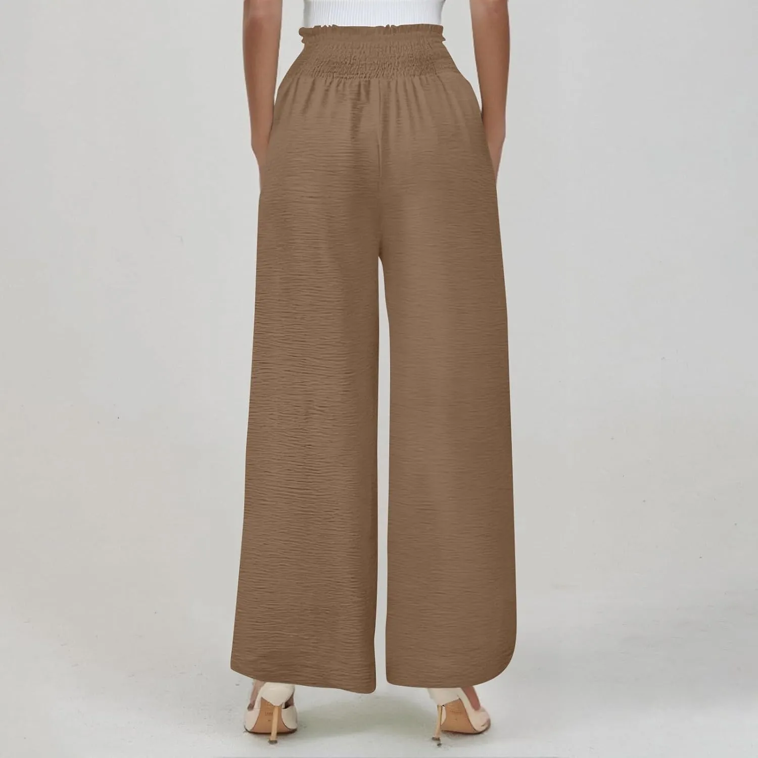 Cotton Linen Pants Women Smocked High Waisted Split Wide Leg Pants Summer Flowy Vacation Beach Pant with Pockets 2025