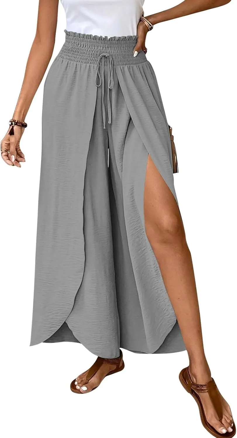 Cotton Linen Pants Women Smocked High Waisted Split Wide Leg Pants Summer Flowy Vacation Beach Pant with Pockets 2025