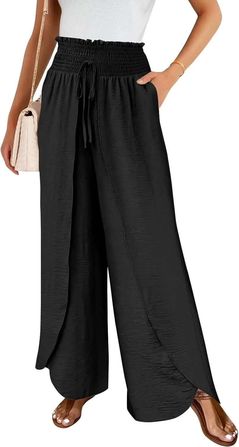 Cotton Linen Pants Women Smocked High Waisted Split Wide Leg Pants Summer Flowy Vacation Beach Pant with Pockets 2025
