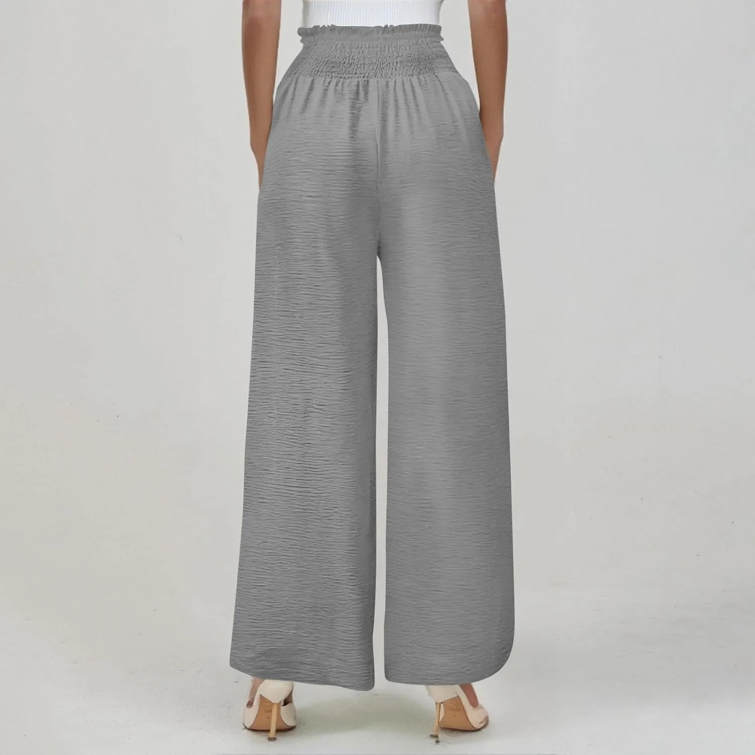 Cotton Linen Pants Women Smocked High Waisted Split Wide Leg Pants Summer Flowy Vacation Beach Pant with Pockets 2025