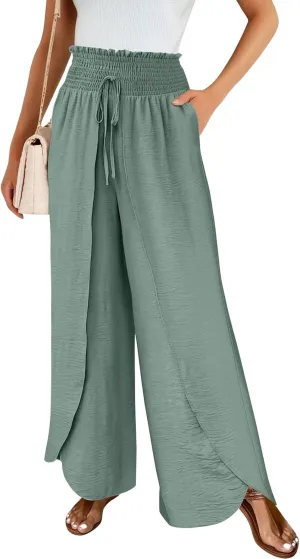Cotton Linen Pants Women Smocked High Waisted Split Wide Leg Pants Summer Flowy Vacation Beach Pant with Pockets 2025