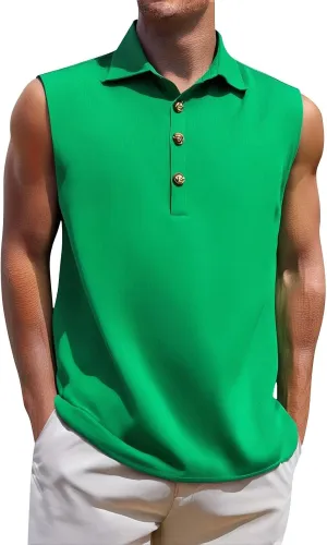 Cotton Linen Sleeveless Beach Shirts for Men Summer Casual Solid Polo Tank Top Spread Collar Button Down