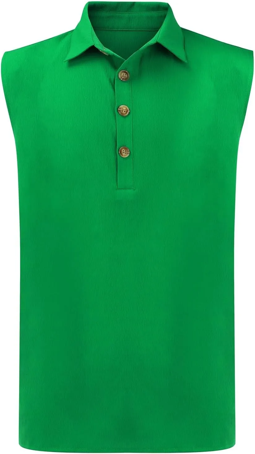 Cotton Linen Sleeveless Beach Shirts for Men Summer Casual Solid Polo Tank Top Spread Collar Button Down