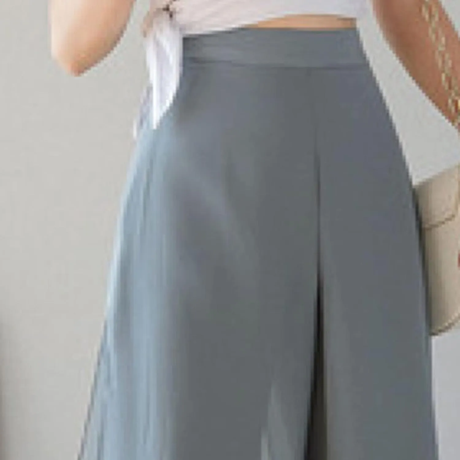 DGHM-JLMY Women Chiffon Fake Wide Leg Pants Loose Hakama Culotte Pants Side Slit Elastic Waist A-Line Pleated Cropped Pants
