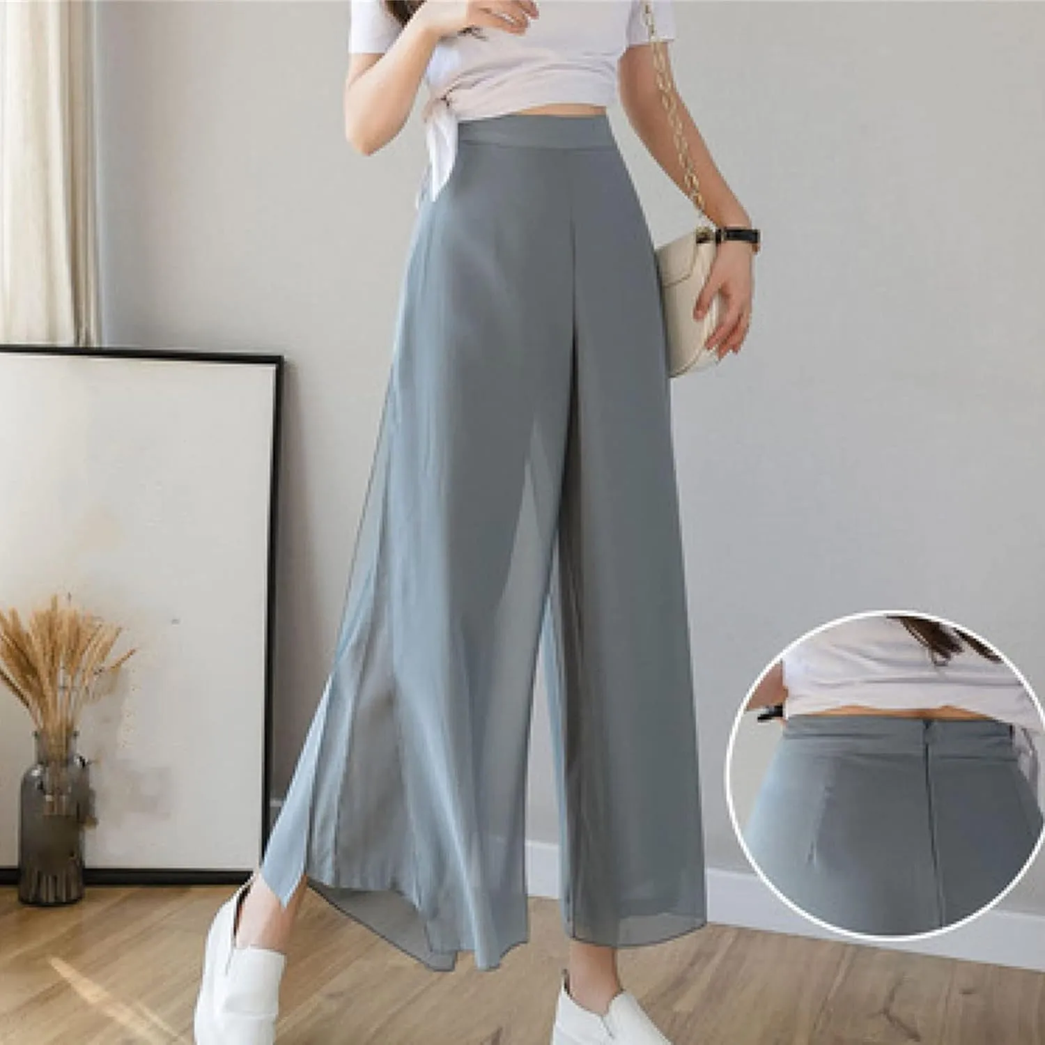 DGHM-JLMY Women Chiffon Fake Wide Leg Pants Loose Hakama Culotte Pants Side Slit Elastic Waist A-Line Pleated Cropped Pants