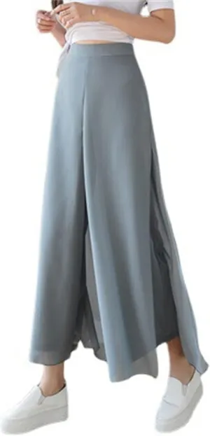 DGHM-JLMY Women Chiffon Fake Wide Leg Pants Loose Hakama Culotte Pants Side Slit Elastic Waist A-Line Pleated Cropped Pants