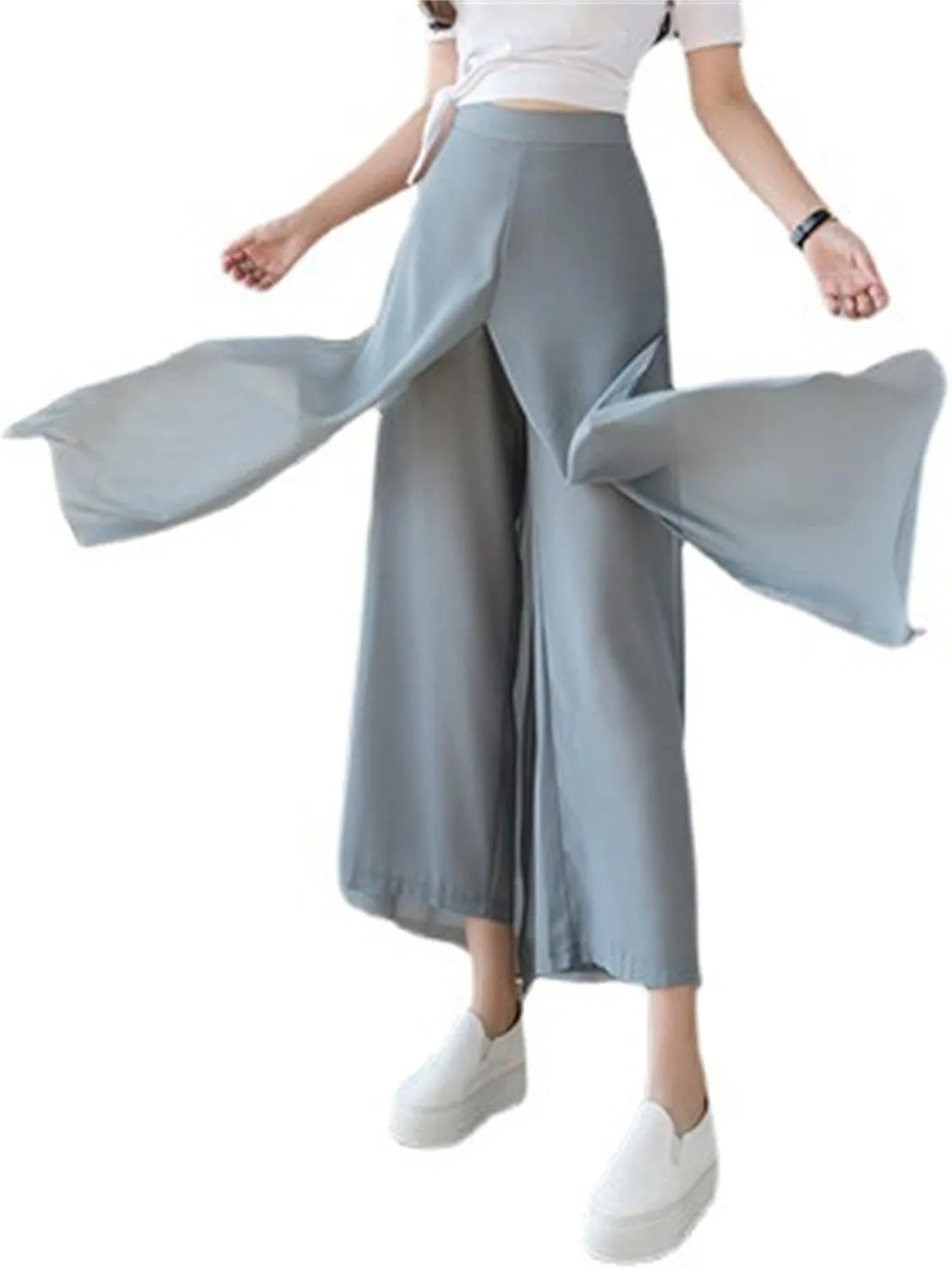 DGHM-JLMY Women Chiffon Fake Wide Leg Pants Loose Hakama Culotte Pants Side Slit Elastic Waist A-Line Pleated Cropped Pants