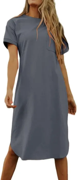 Dyexces Summer Dress for Women Crew Neck Short Sleeve Solid Basic T-Shirts Casual Midi Dresses with Pocket