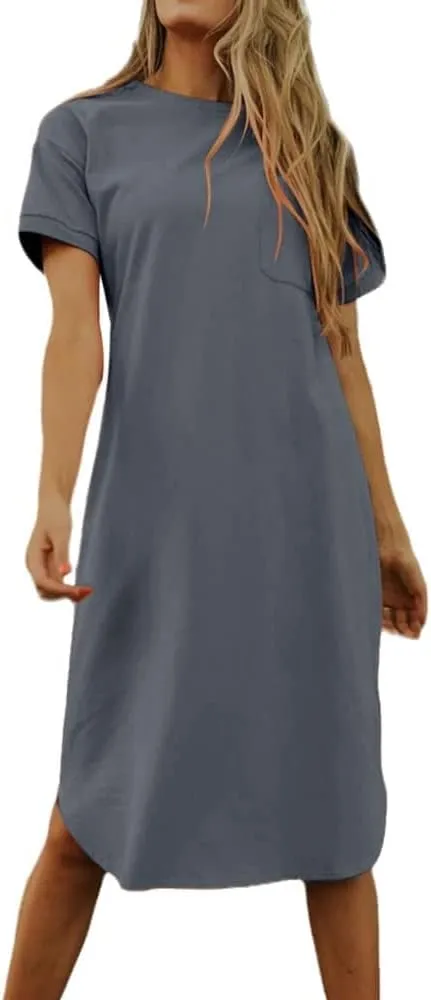 Dyexces Summer Dress for Women Crew Neck Short Sleeve Solid Basic T-Shirts Casual Midi Dresses with Pocket