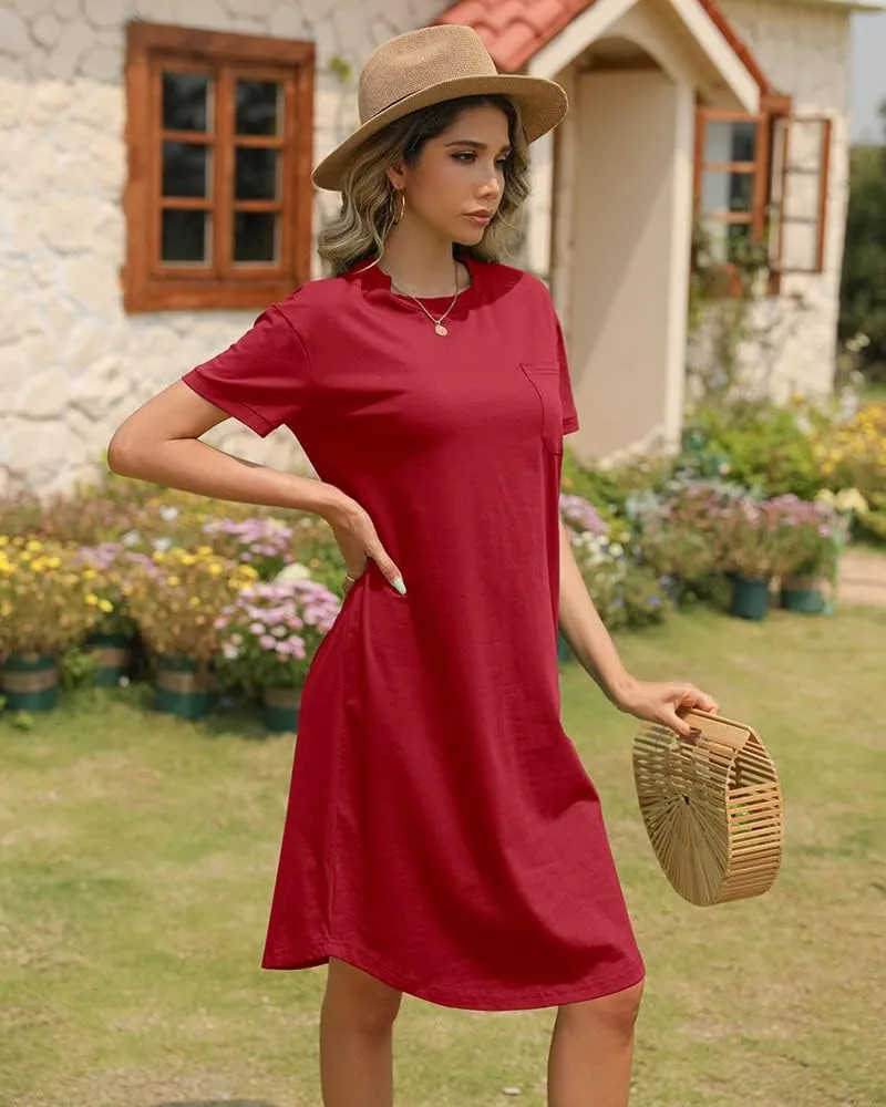 Dyexces Summer Dress for Women Crew Neck Short Sleeve Solid Basic T-Shirts Casual Midi Dresses with Pocket
