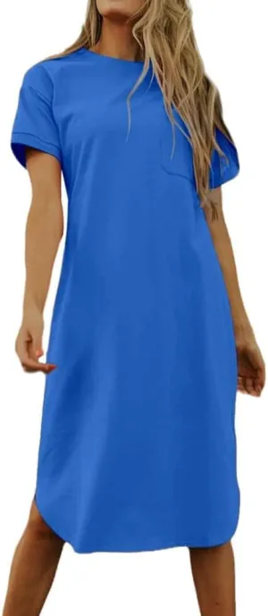 Dyexces Summer Dress for Women Crew Neck Short Sleeve Solid Basic T-Shirts Casual Midi Dresses with Pocket