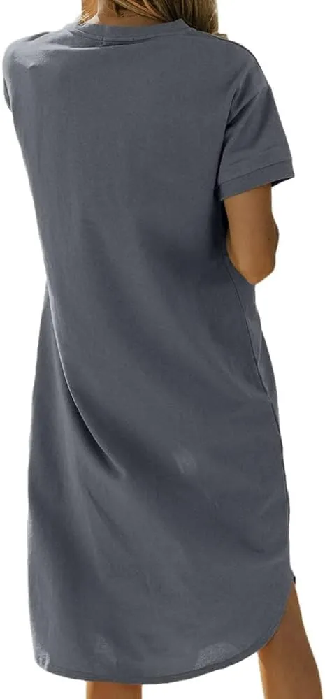 Dyexces Summer Dress for Women Crew Neck Short Sleeve Solid Basic T-Shirts Casual Midi Dresses with Pocket