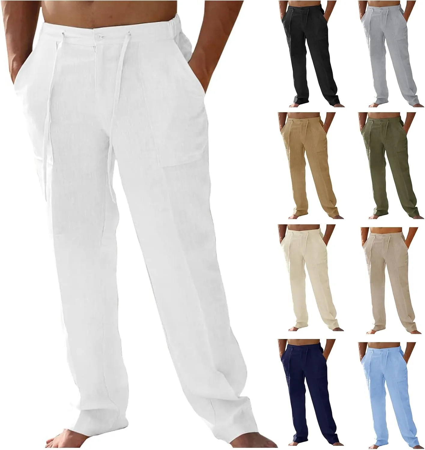 evzosrz Cotton Linen Pants Men Casual Loose Fit Straight-Legs Yoga Pant Elastic Waist Drawstring Beach Workout Trousers