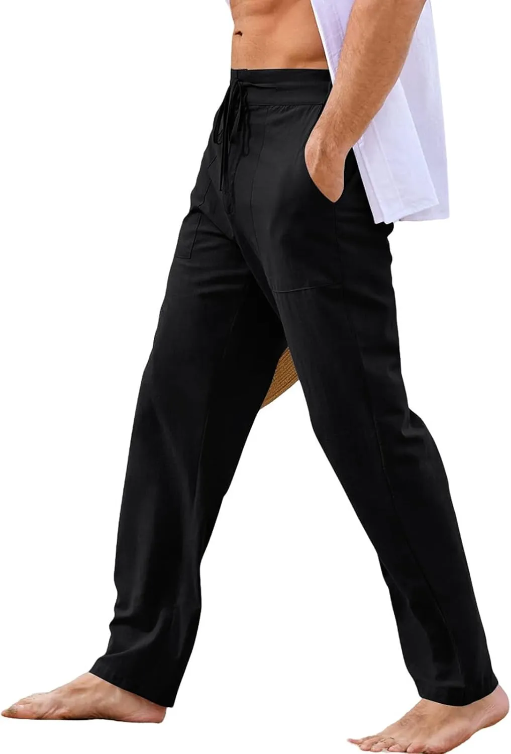 evzosrz Cotton Linen Pants Men Casual Loose Fit Straight-Legs Yoga Pant Elastic Waist Drawstring Beach Workout Trousers