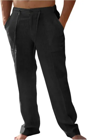evzosrz Cotton Linen Pants Men Casual Loose Fit Straight-Legs Yoga Pant Elastic Waist Drawstring Beach Workout Trousers