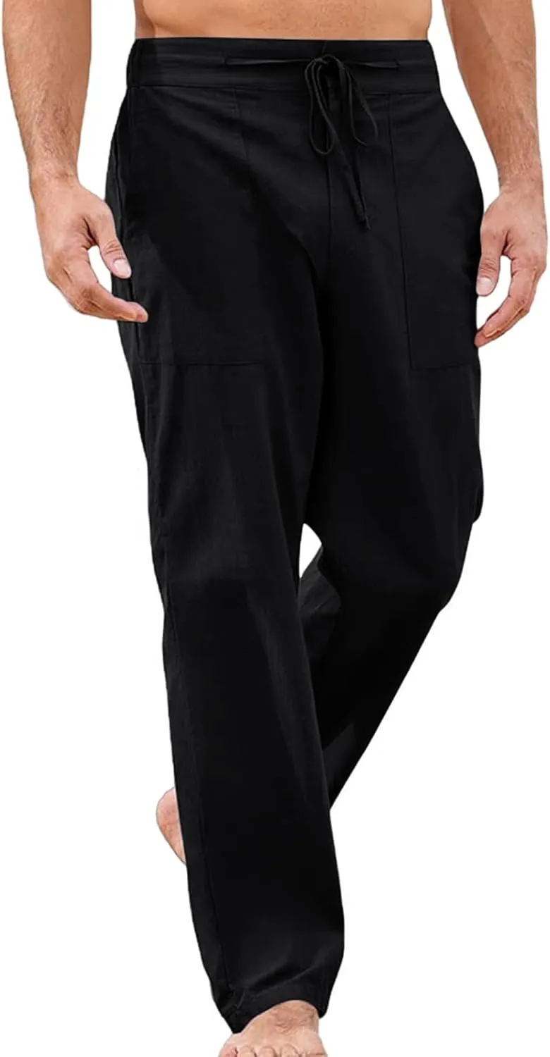 evzosrz Cotton Linen Pants Men Casual Loose Fit Straight-Legs Yoga Pant Elastic Waist Drawstring Beach Workout Trousers