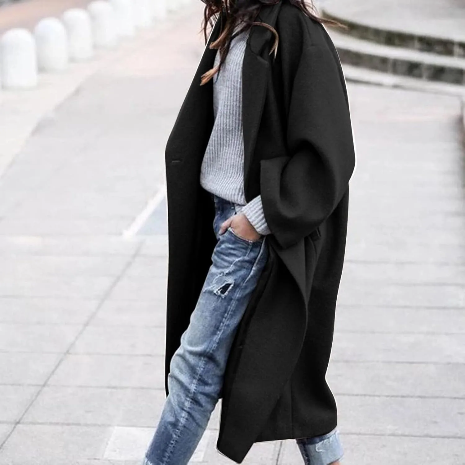 fartey Womens Trench Coat Elegant Lapel Collar Wool Blend Pea Coats Open Front Mid Long Length Office Overcoat Outwear