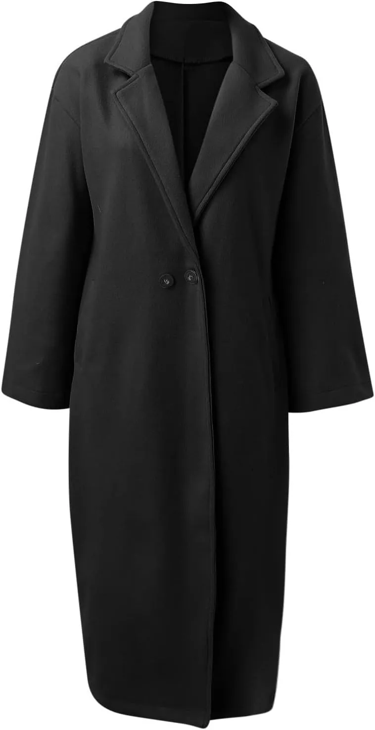 fartey Womens Trench Coat Elegant Lapel Collar Wool Blend Pea Coats Open Front Mid Long Length Office Overcoat Outwear