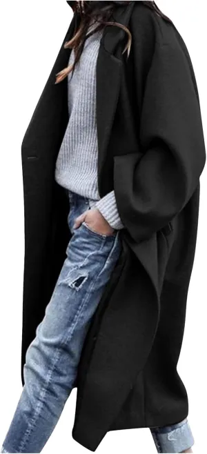 fartey Womens Trench Coat Elegant Lapel Collar Wool Blend Pea Coats Open Front Mid Long Length Office Overcoat Outwear