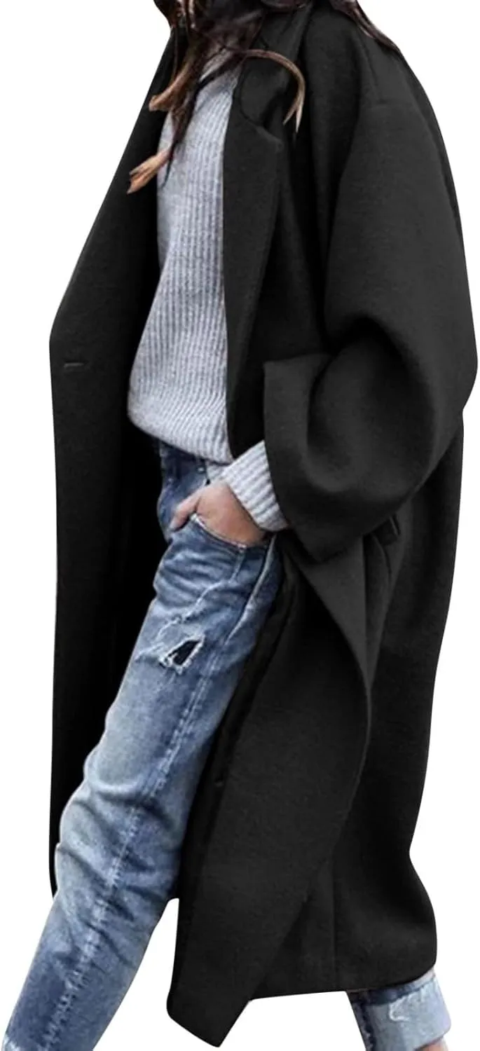 fartey Womens Trench Coat Elegant Lapel Collar Wool Blend Pea Coats Open Front Mid Long Length Office Overcoat Outwear