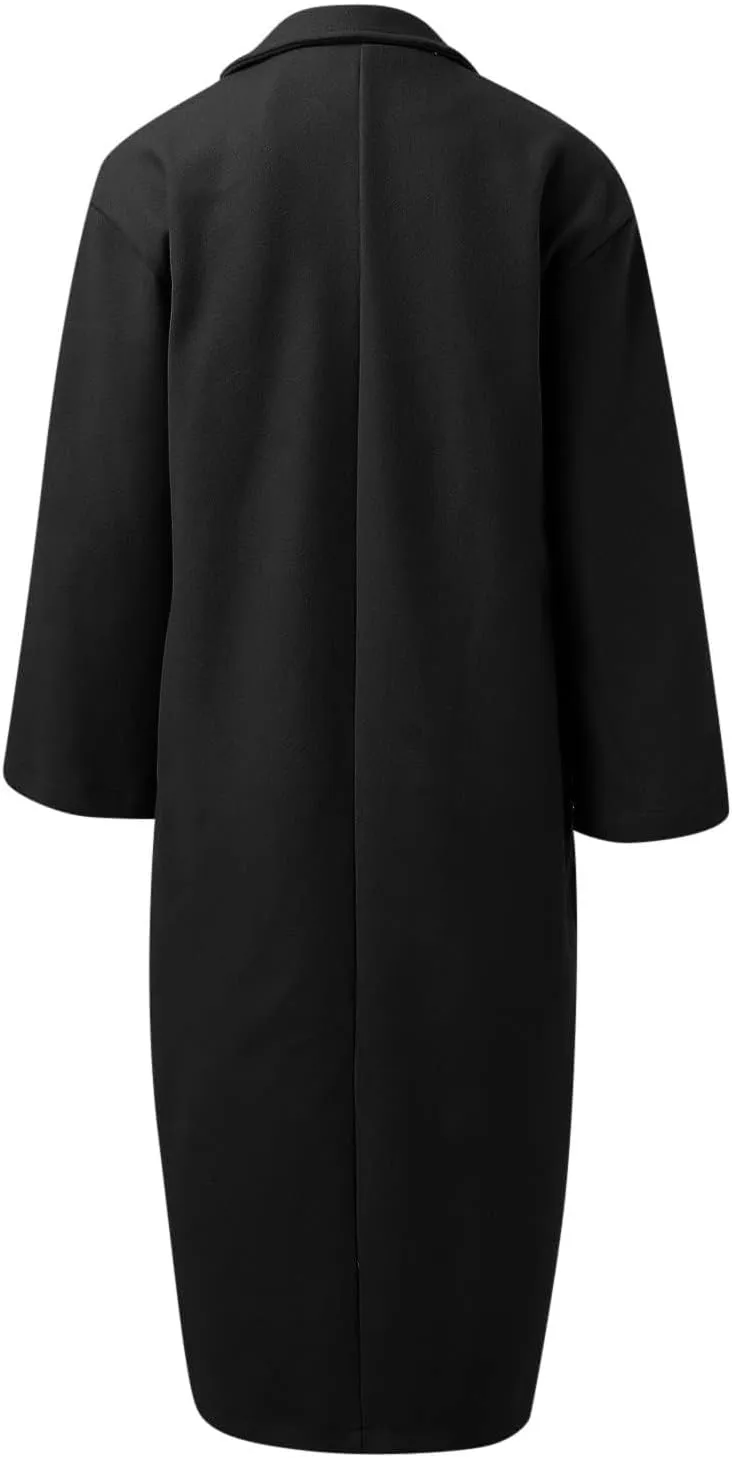 fartey Womens Trench Coat Elegant Lapel Collar Wool Blend Pea Coats Open Front Mid Long Length Office Overcoat Outwear