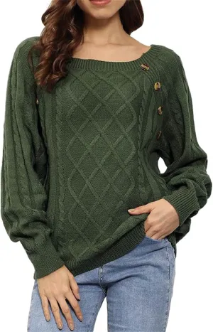 Fashion Fall Sweater for Women Cable Knit Long Sleeve Blouse Casual Button Crewneck Loose Outfits Fashion Clothes