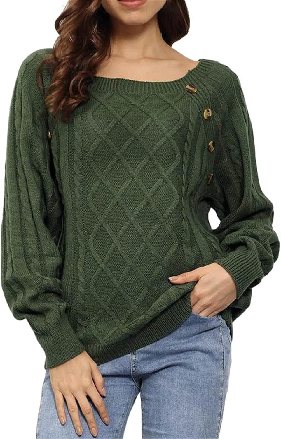 Fashion Fall Sweater for Women Cable Knit Long Sleeve Blouse Casual Button Crewneck Loose Outfits Fashion Clothes