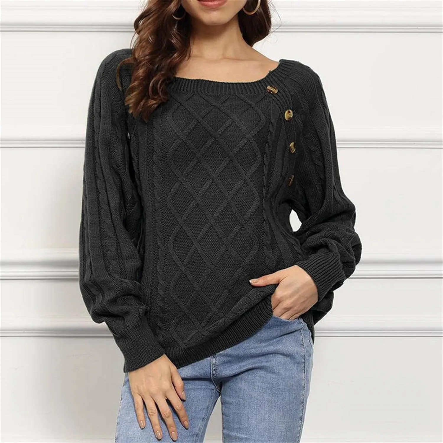 Fashion Fall Sweater for Women Cable Knit Long Sleeve Blouse Casual Button Crewneck Loose Outfits Fashion Clothes