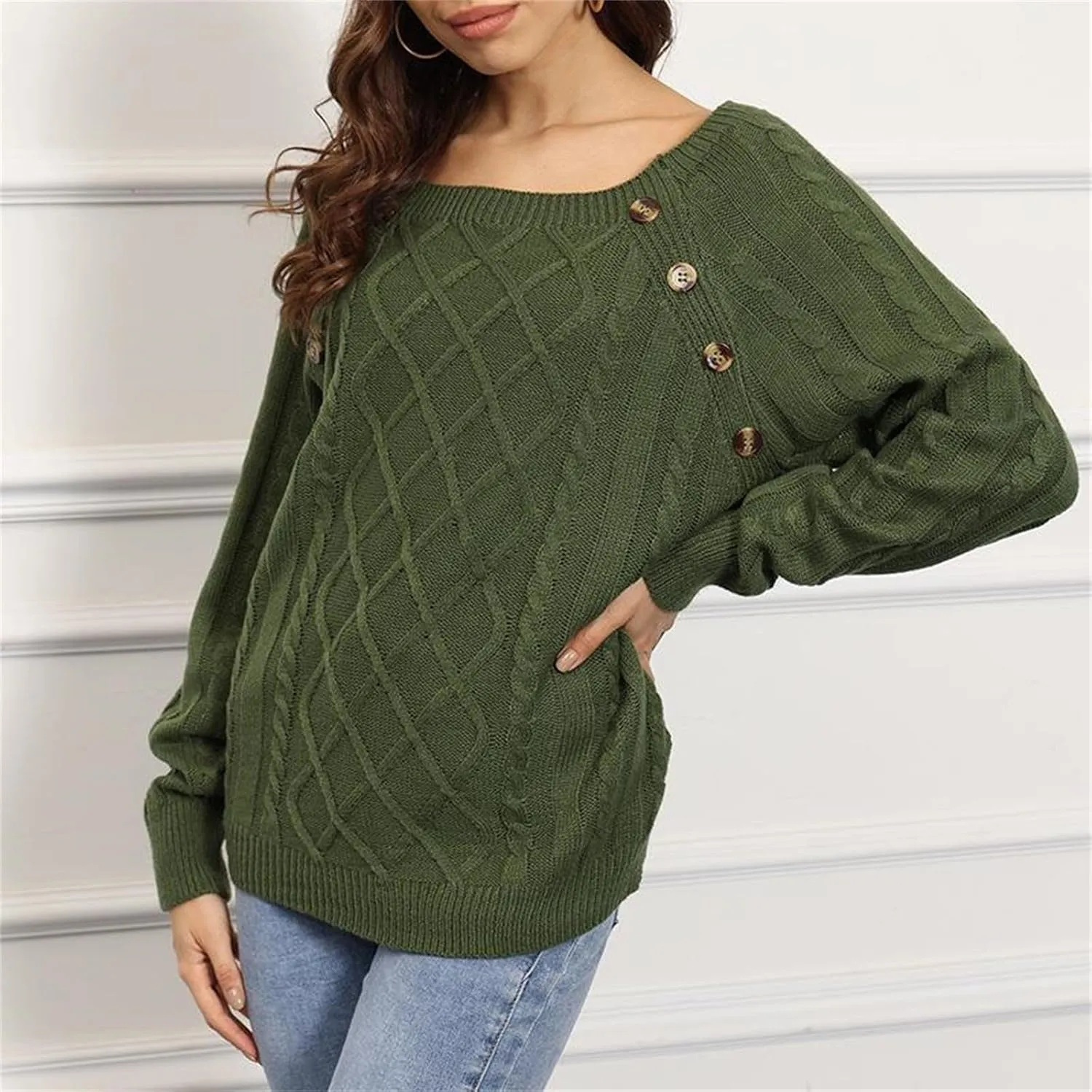 Fashion Fall Sweater for Women Cable Knit Long Sleeve Blouse Casual Button Crewneck Loose Outfits Fashion Clothes