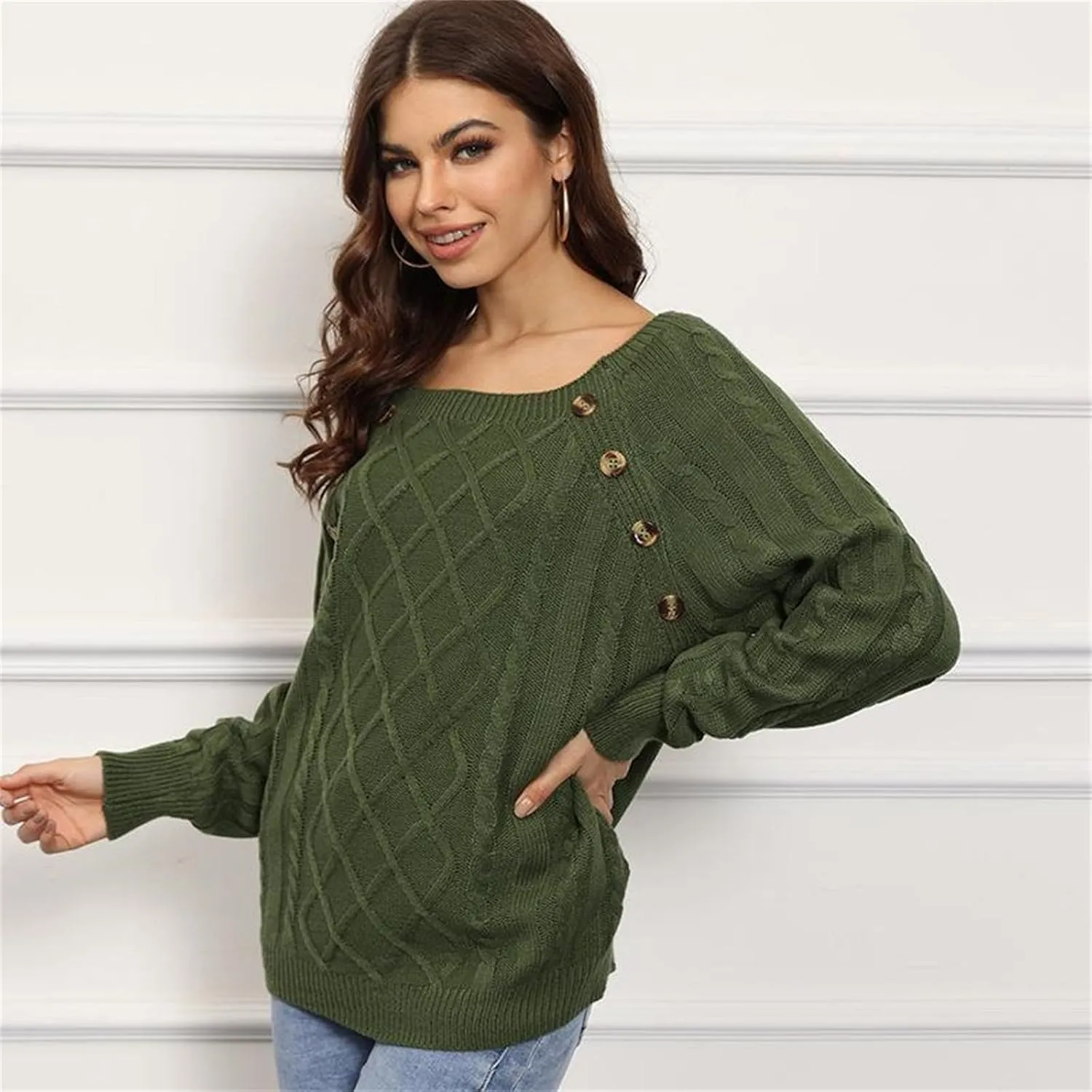 Fashion Fall Sweater for Women Cable Knit Long Sleeve Blouse Casual Button Crewneck Loose Outfits Fashion Clothes