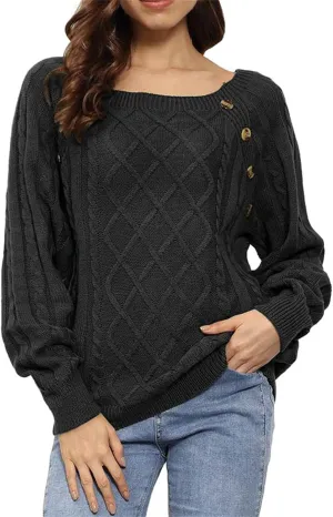 Fashion Fall Sweater for Women Cable Knit Long Sleeve Blouse Casual Button Crewneck Loose Outfits Fashion Clothes