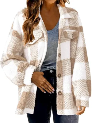 Fleece Jacket Women Fuzzy Flannel Jacket Fall Fashion Sherpa Lined Plaid Shacket Jacket Button Down Fleece Jacket Coat