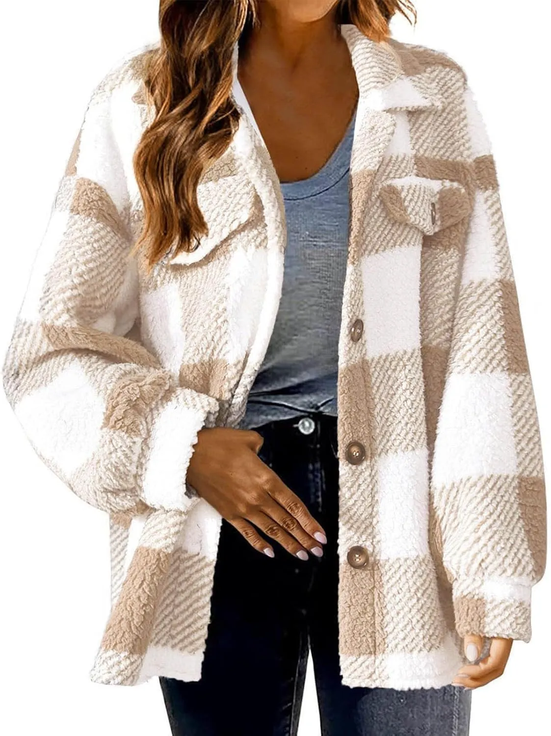 Fleece Jacket Women Fuzzy Flannel Jacket Fall Fashion Sherpa Lined Plaid Shacket Jacket Button Down Fleece Jacket Coat