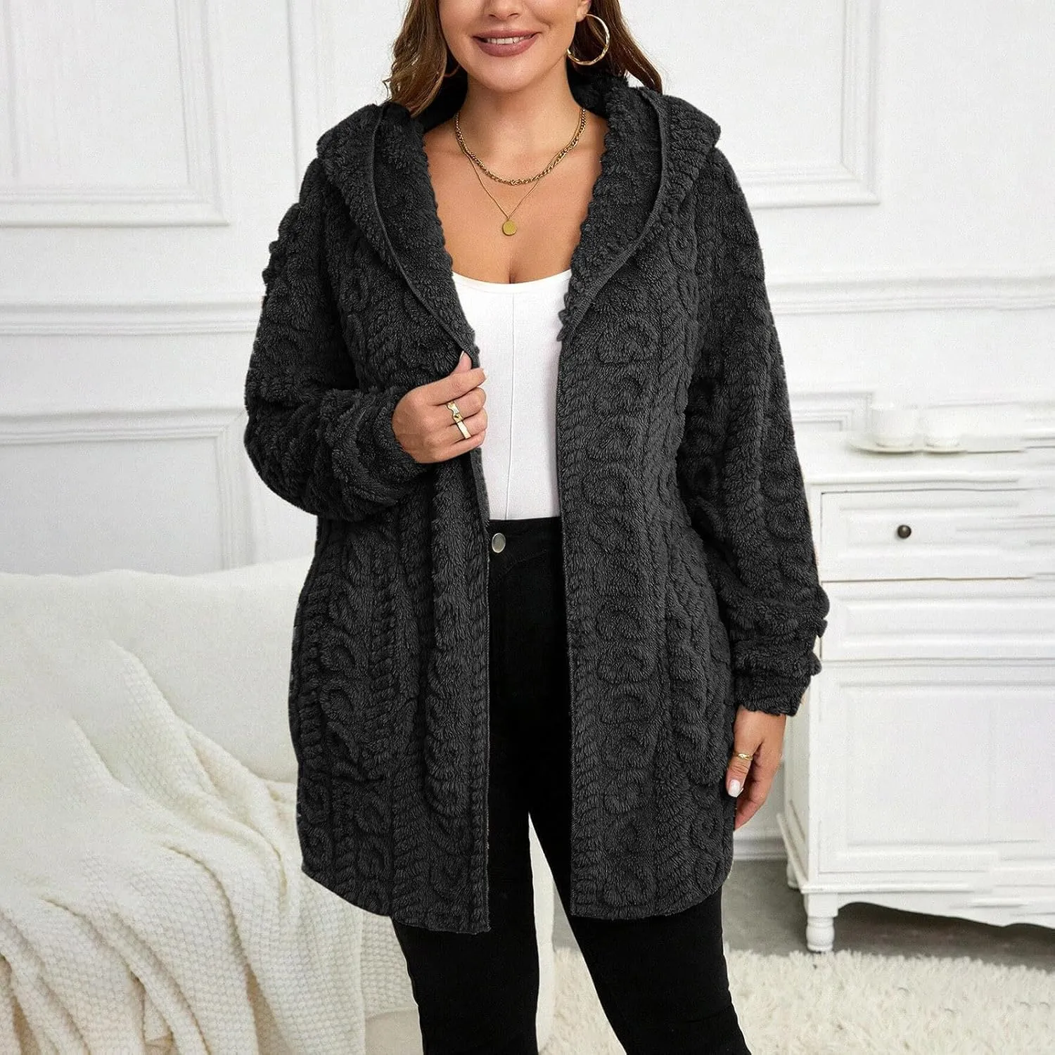 Fleece Jacket Women Sherpa Fuzzy Hoodie Jackets Fleece Lined Cardigan Jacket Winter Warm Casual Trendy Outerwear Coat