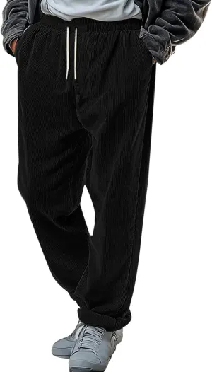 Fleece Lined Sweatpants Men Corduroy Pants Open Bottom Thermal Winter Trousers Elastic Waist Drawstring Casual Pants