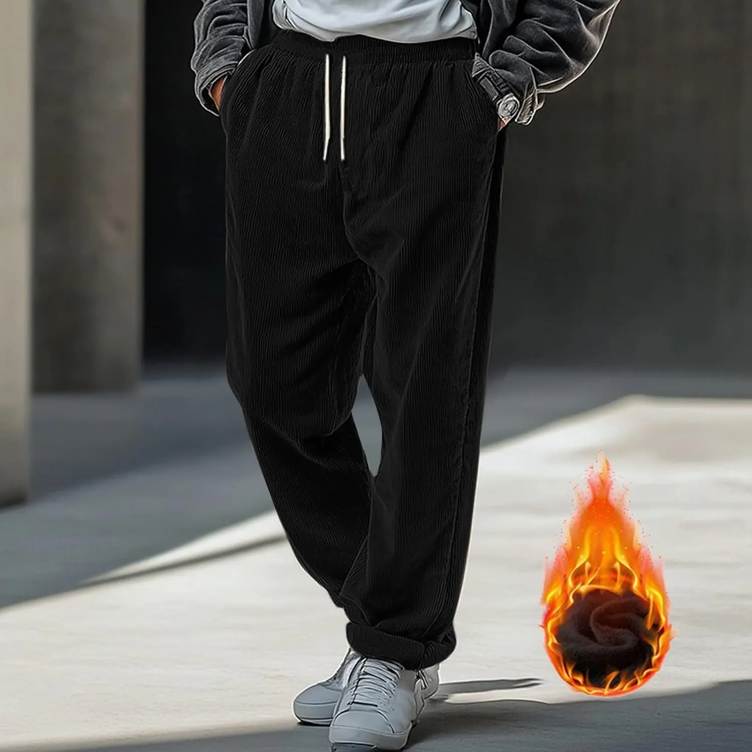 Fleece Lined Sweatpants Men Corduroy Pants Open Bottom Thermal Winter Trousers Elastic Waist Drawstring Casual Pants