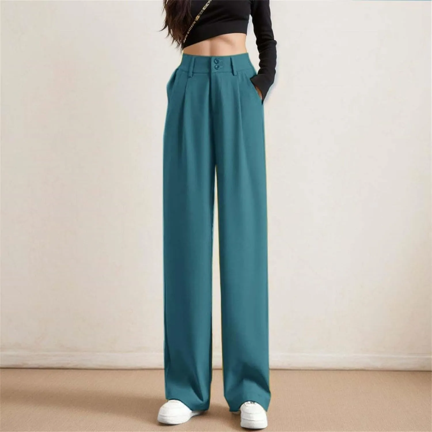 Flowy Pants for Women Casual Straight Leg Summer Business Pants Solid Color Button High Waisted Plain Breathable Trousers
