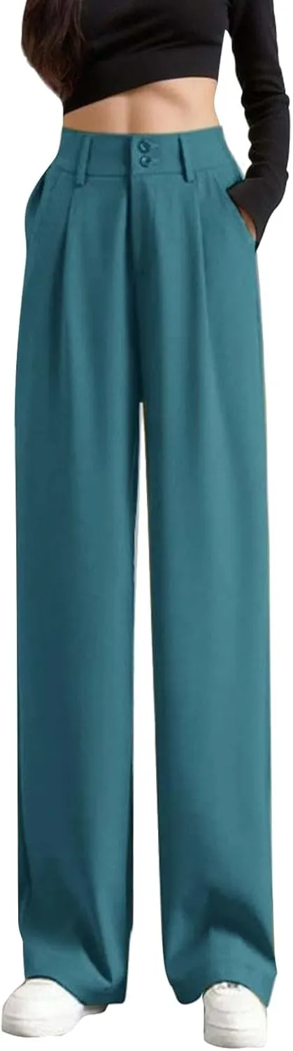 Flowy Pants for Women Casual Straight Leg Summer Business Pants Solid Color Button High Waisted Plain Breathable Trousers