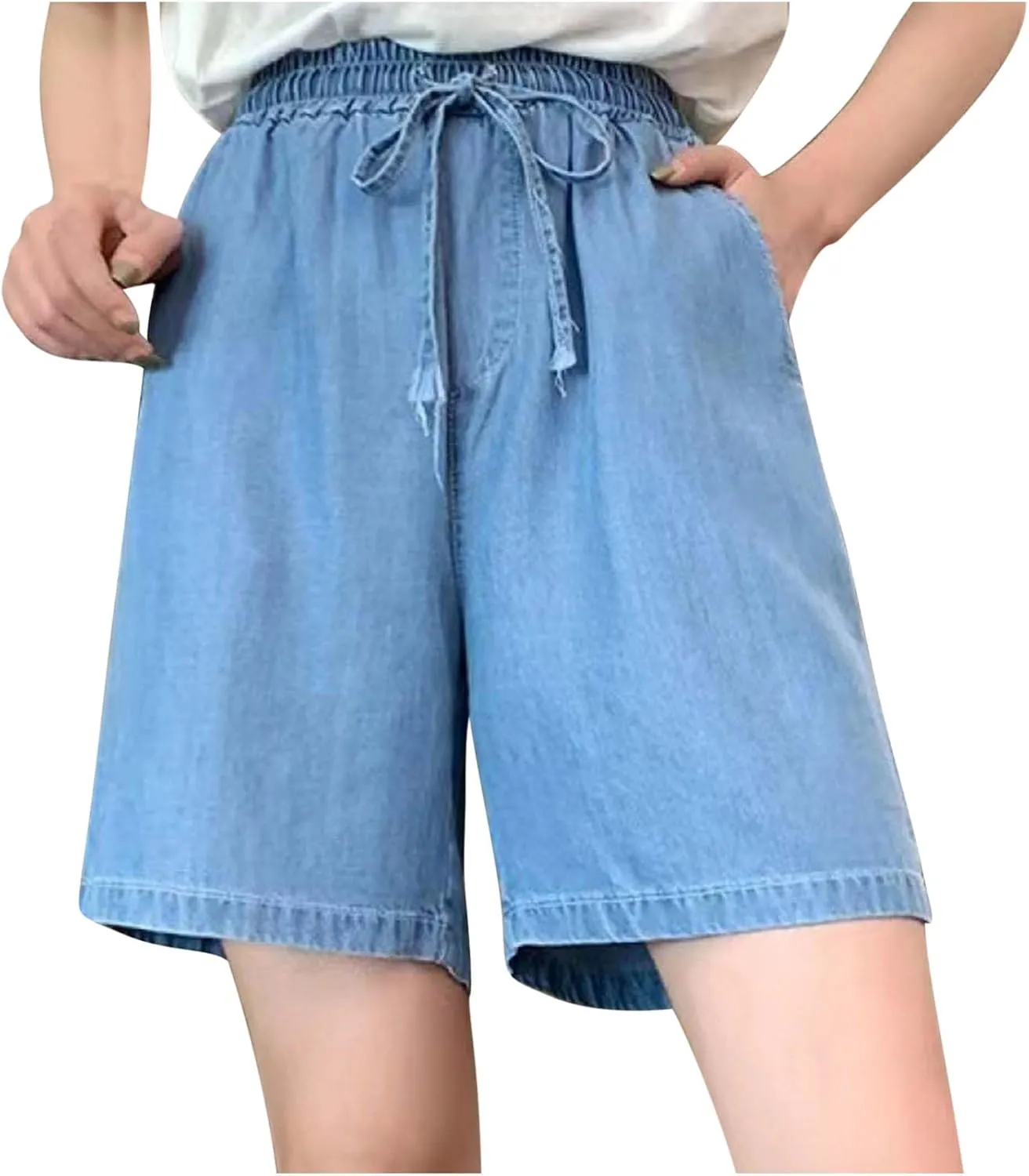 FZYLQY Bermuda Jean Shorts for Women High Waisted Lightweight Comfy Denim Shorts Casual Drawstring Elastic Waist Jean Shorts