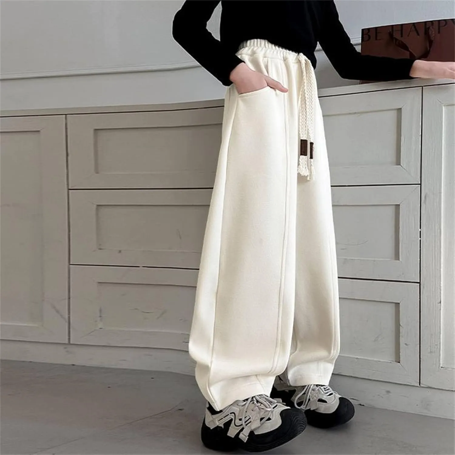 Girls Boys Baggy Wide Leg Sweatpants 𝗗rawstring Pockets Kids High Waist Aesthetic Hip Hop Pants Plain Joggers