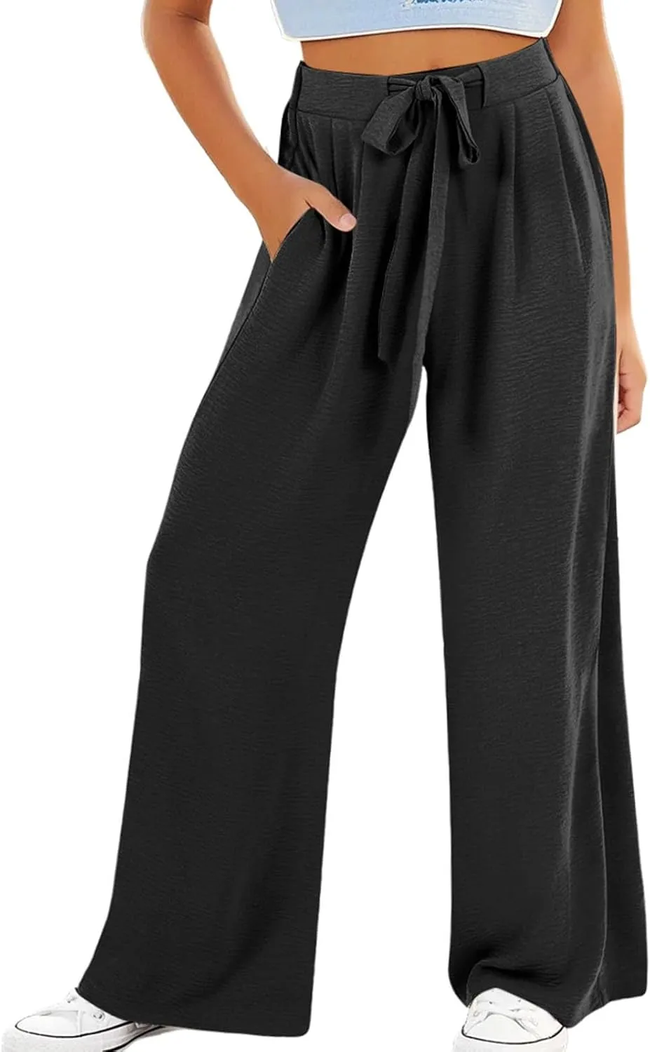 Girls Palazzo Pants High Waist Wide Leg Sweatpants Drawstring Kids Flowy Casual Trousers Loose Plain Elastic