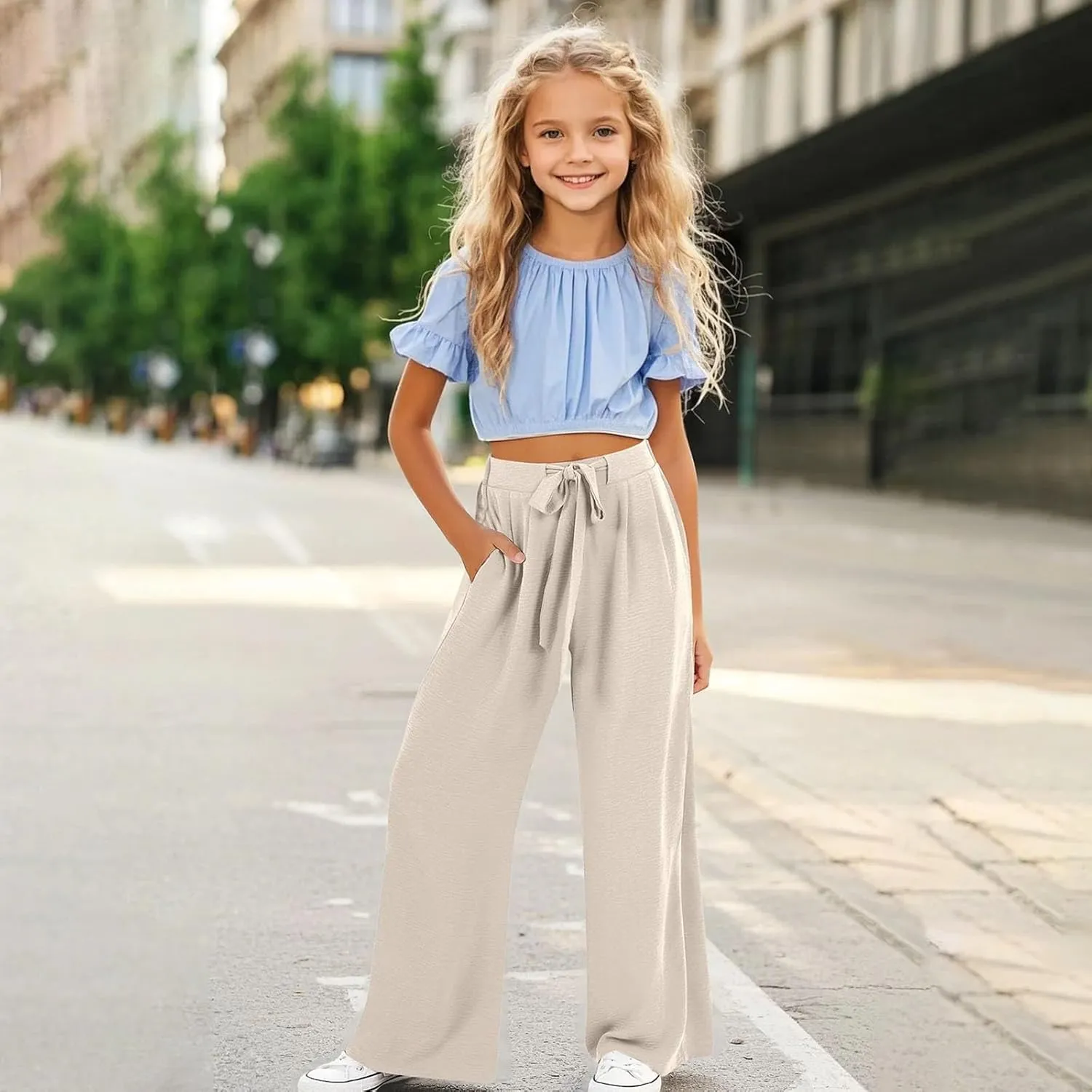 Girls Palazzo Pants High Waist Wide Leg Sweatpants Drawstring Kids Flowy Casual Trousers Loose Plain Elastic