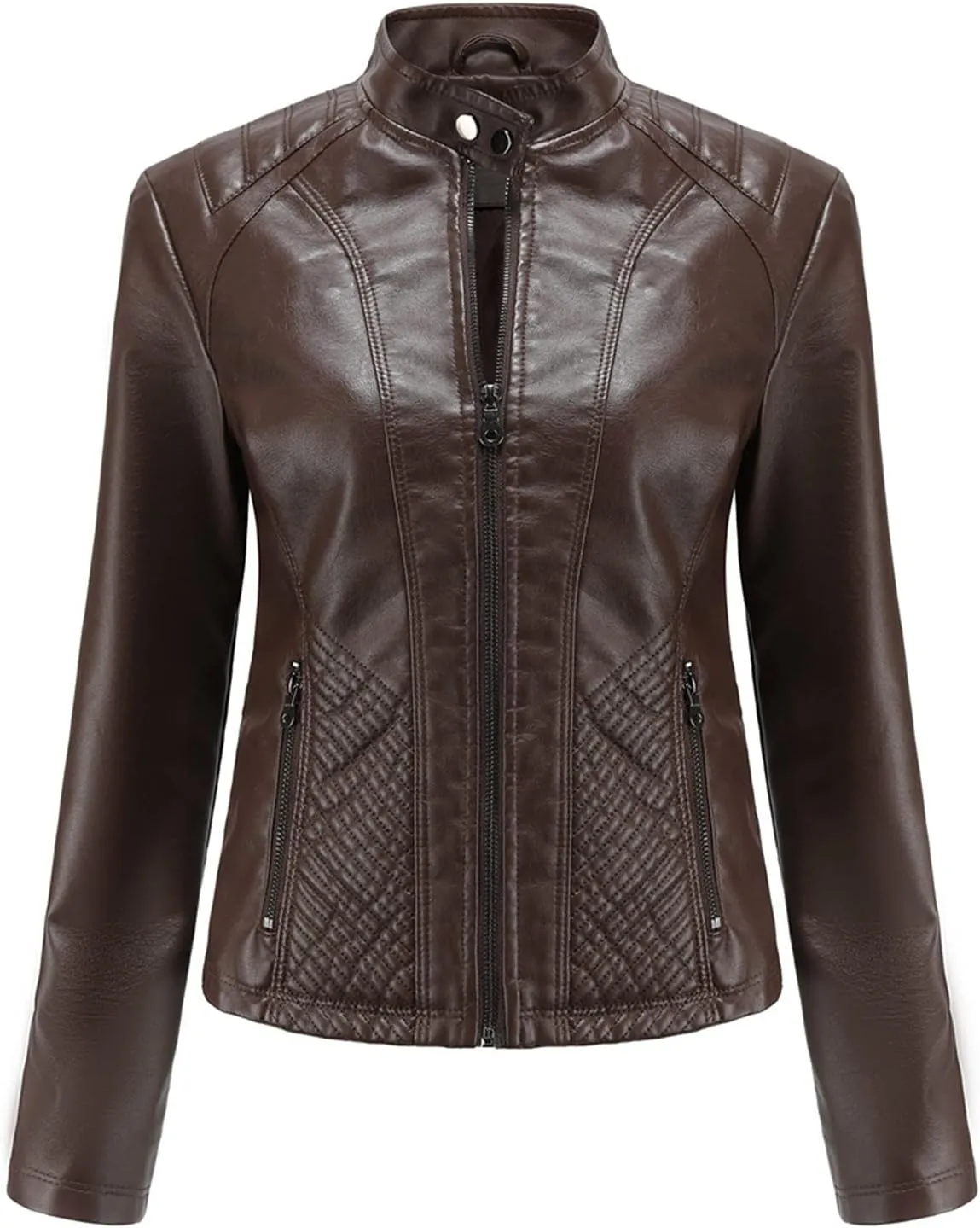Hasta Faux Leather Jacket Crop Plus Size Women Slim Fit Motorcycle Bike Coat Stand Collar Zip Pocket Short Pleather Jacket