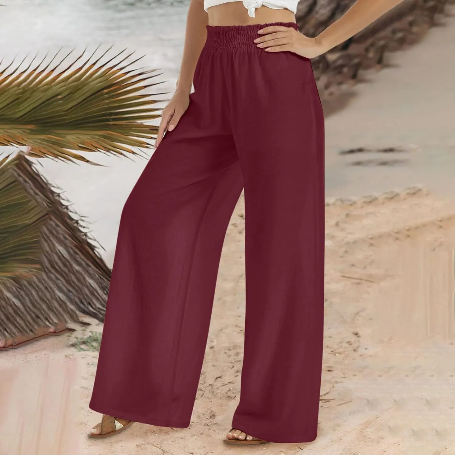 High Cut Flare Wide Leg Trousers Pants for Women Summer Fall Linen Loose Fit Trousers Pants Women 2025