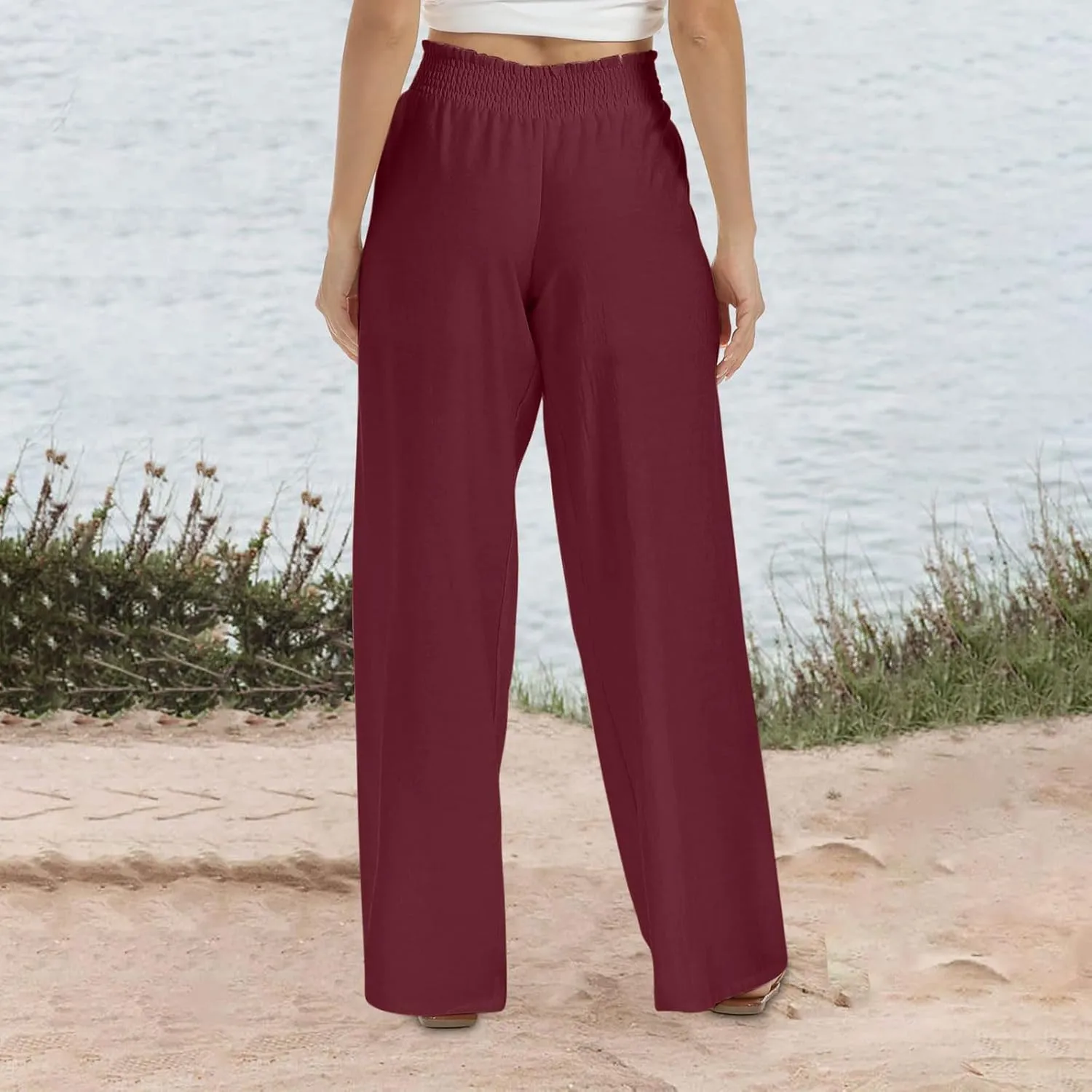 High Cut Flare Wide Leg Trousers Pants for Women Summer Fall Linen Loose Fit Trousers Pants Women 2025